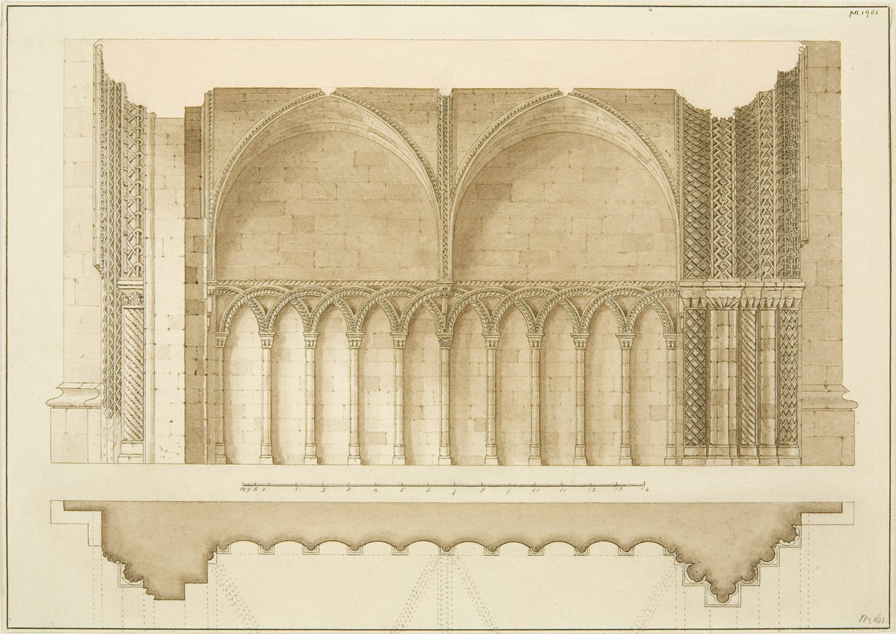 College Gateway, sektion och plan (penna och akvarell på papper) av Frederick Mackenzie