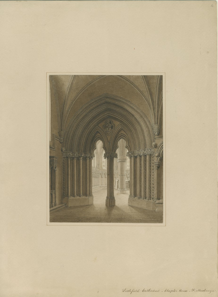 Interiör av Lichfield Cathedral - Chapter House dörröppning: sepia ritning och [c 1820] av Frederick Mackenzie