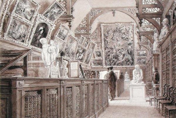 Interiör av Old Perse School, med ett urval av Lord Fitzwilliams testamente (penna, pensel och tvätt på papper) av Frederick Mackenzie