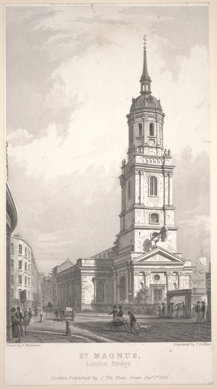 St. Magnus, London Bridge, gravyr av John Henry Le Keux (1783-1846) av Frederick Mackenzie