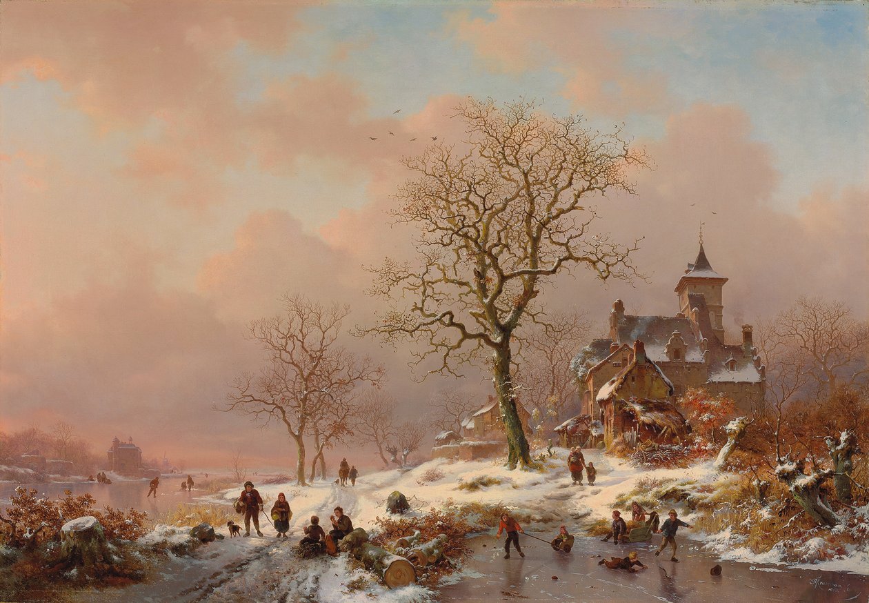 Vinterlandskap med figurer som leker på isen, 1868 av Frederick Marianus Kruseman