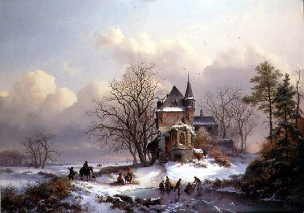 Vinterlandskap med skridskoåkare (olja på duk) av Frederick Marianus Kruseman