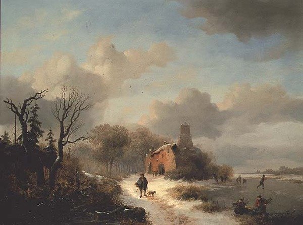 Vinterlandskap med bonde och figurer på is av Frederick Marianus Kruseman