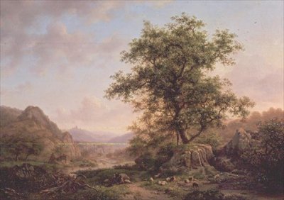 Skogbevuxen landskap med bönder och djur på stigen av Frederick Marianus Kruseman