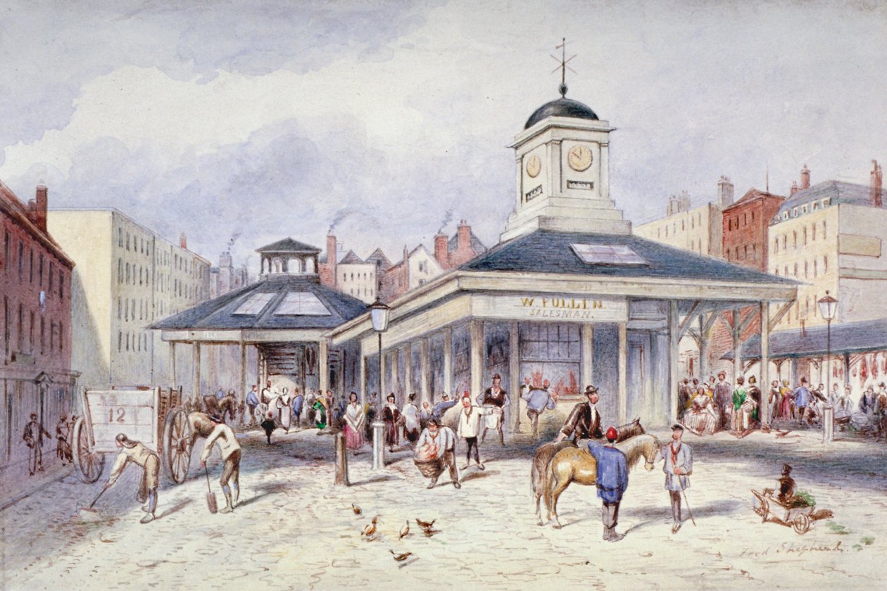 Utsikt över Newgate Market på Paternoster Square, City of London, 1836. av Frederick Napoleon Shepherd