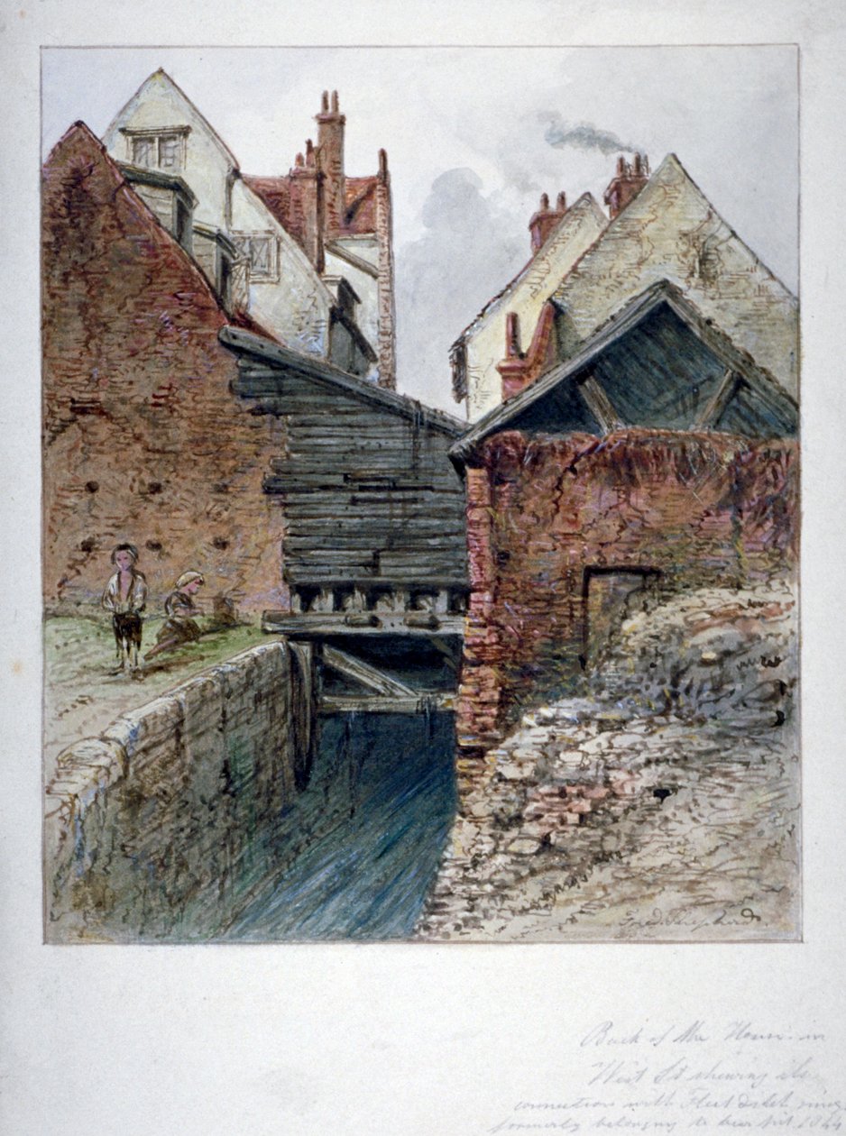 Vy över baksidan av ett hus i Chick Lane, som visar Fleet Ditch, City of London, 1844 av Frederick Napoleon Shepherd