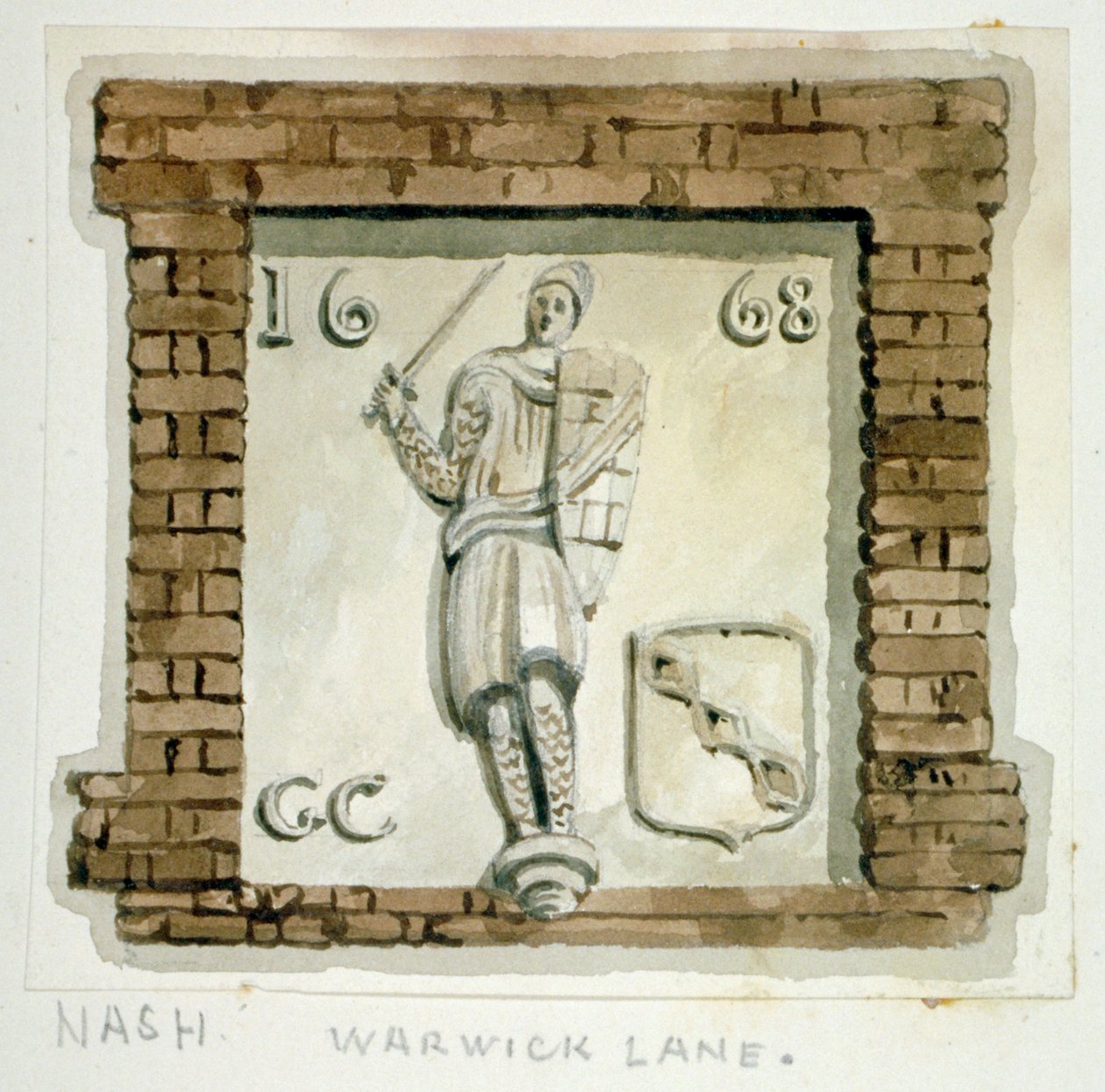 Bild av Guy, Earl of Warwick, på väggen i ett hus i Warwick Lane, City of London, c1820. av Frederick Nash