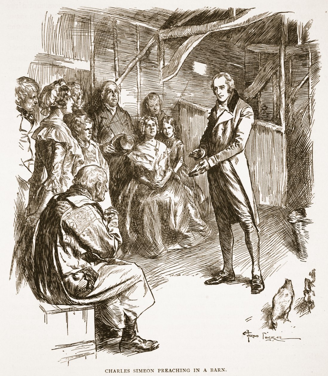 Charles Simeon predikar i en lada, illustration från "The Church of England: A History for the People" av H.D.M. Spence-Jones, pub. ca 1910 (sepiafoto). av Frederick Pegram
