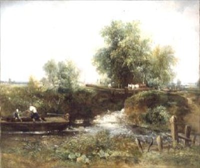 Flod med Horses Crossing och Skiff av Frederick Waters Watts