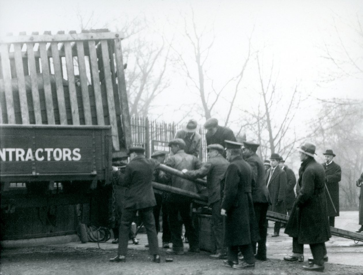 En skara åskådare står bredvid när en noshörning lastas av från en lastbil, av djurhållare, på London Zoo 1924 av Frederick William Bond