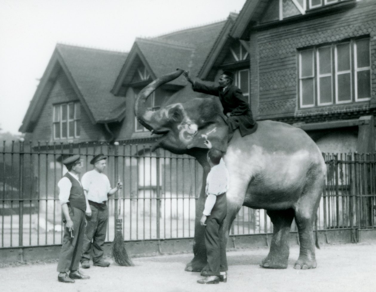 En dekorerad indisk elefant, med tre djurhållare och tränare, utanför Elephant House på London Zoo 1927 av Frederick William Bond