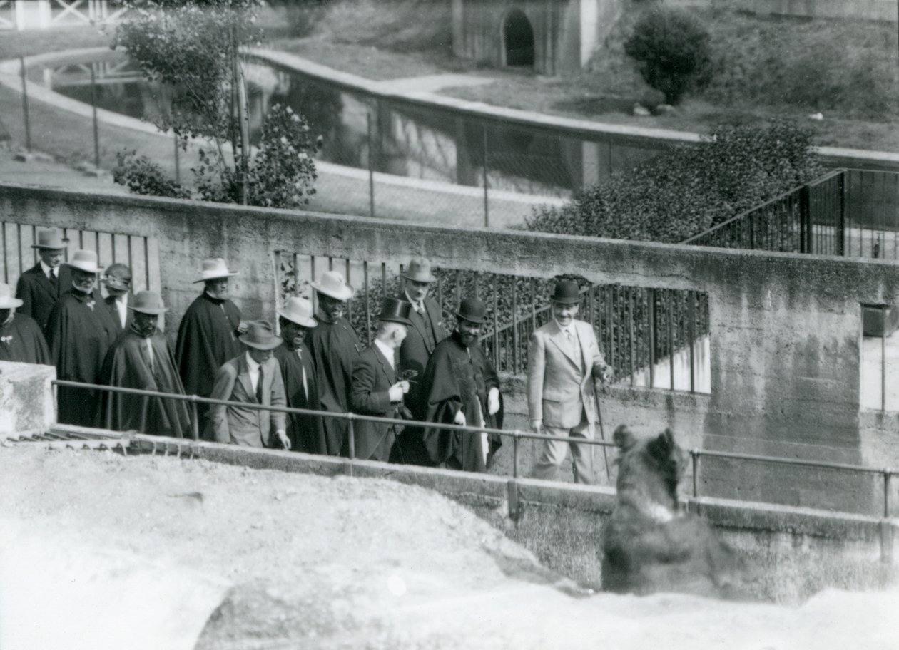 Sir Peter Chalmers Mitchell, med den etiopiske regenten Haile Selassie och hans följe, tittar på en brunbjörn på Mappin Terraces, London Zoo, 1924 av Frederick William Bond