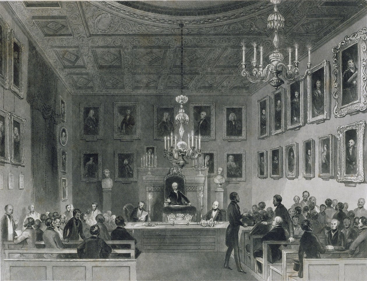 Vy över interiören av Somerset House, visar ett möte med Royal Antiquarian Society, ca 1840 av Frederick William Fairholt