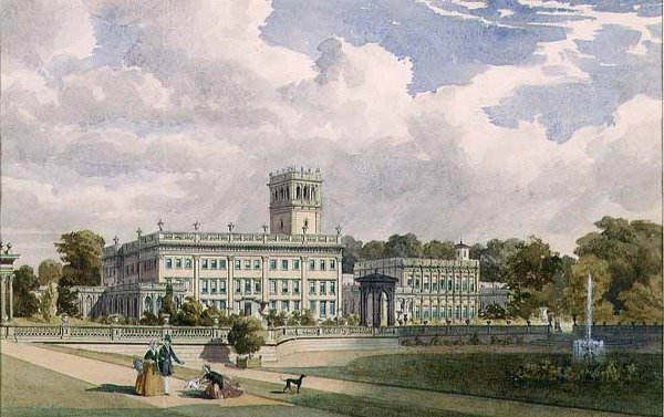En utsikt över huset och trädgårdarna i Trentham, Staffs (penna och akvarell) av Frederick William Hulme