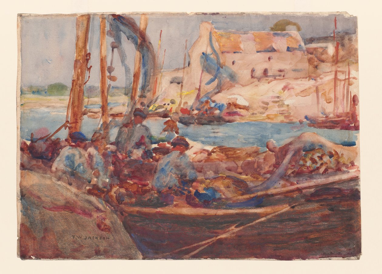 Sardinfiskebåtar vid Concarneau, Bretagne, ca 1900 (akvarell på papper) av Frederick William Jackson