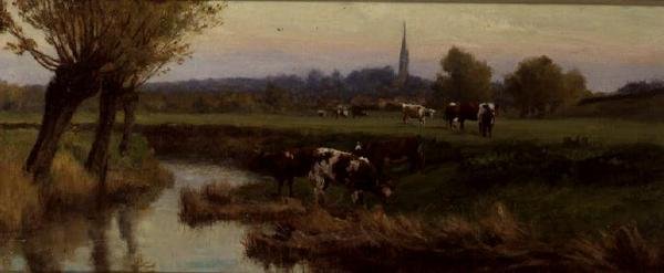 Kor som betar vid en flod av Frederick William Newton Whitehead
