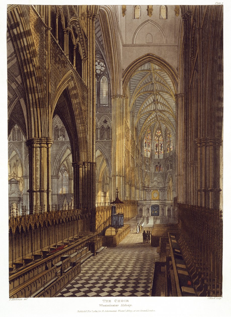 The Choir, skylt 7 från Westminster Abbey, graverad av J. Bluck (fl.1791-1831) pub. av Rudolph Ackermann (1764-1834) 1811 (akvatint) av Frederick after Mackenzie