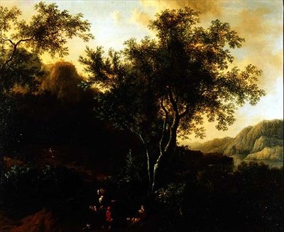 Italienskt sjölandskap med resenärer på en stig av Frederick de Moucheron