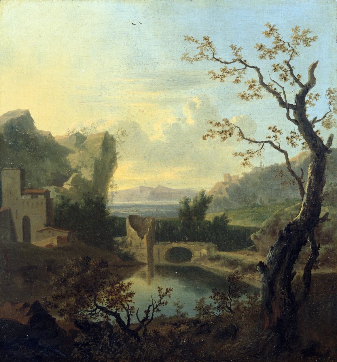 Italienskt landskap med en förstörd befäst bro (olja på duk) av Frederick de Moucheron