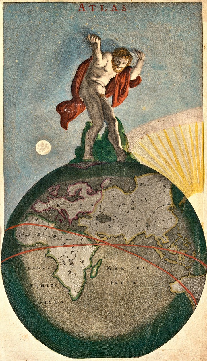 Atlas som stöder det himmelska valvet, lyfter på jorden (etsning av Frederick de Wit
