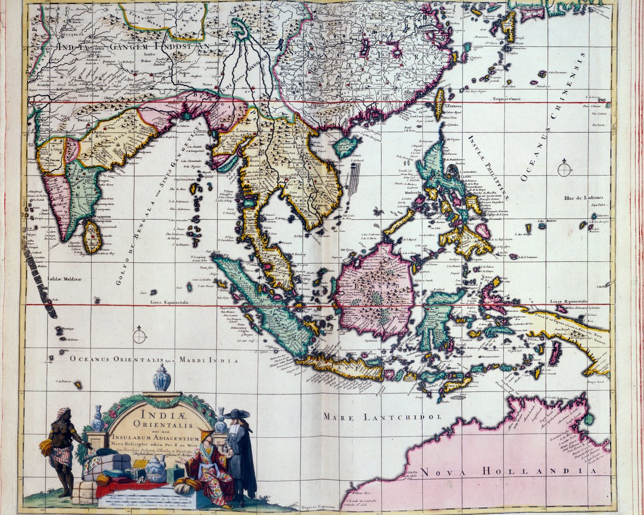 Geografi: karta över Ostindien av Frederick de Witt (aktiv omkring 1650) 1600-talets Paris, B.N. av Frederick de Wit
