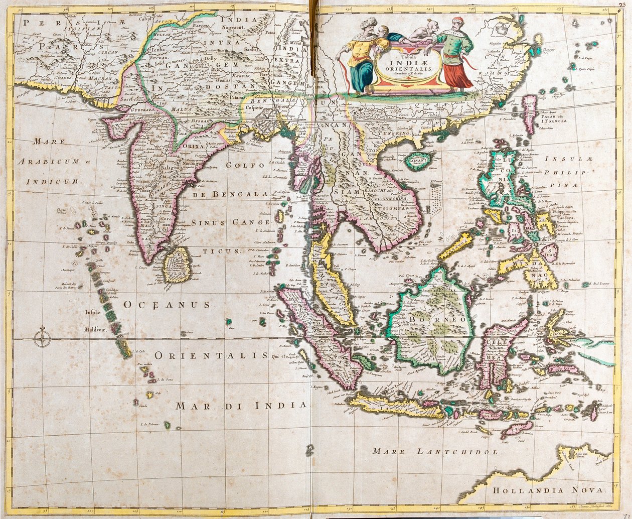 Karta över östra Indien (Syd- och Sydostasien: Pakistan, Indien, Nepal, Bangladesh, Burma, Sri Lanka, Thailand, Malaysia, Vietnam, Kambodja, Laos, Filippinerna, Singapore och Indonesien) (etsning av Frederick de Wit