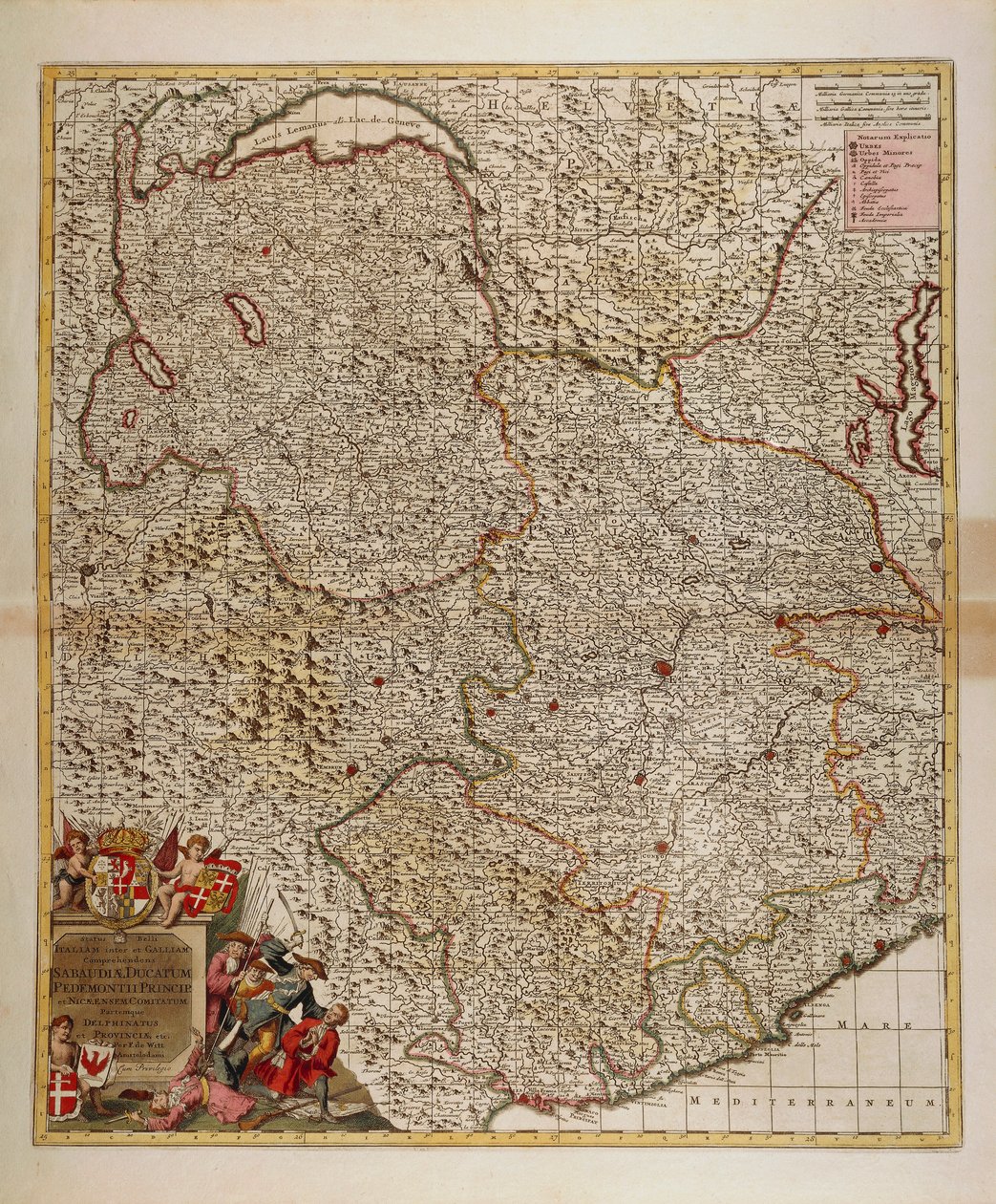 Karta över franska, schweiziska och italienska alpina och transalpina regioner och västra Ligurien, karta av Frederik de Wit från Atlas Sive Descriptio Terrarum Orbis av Frederick de Wit