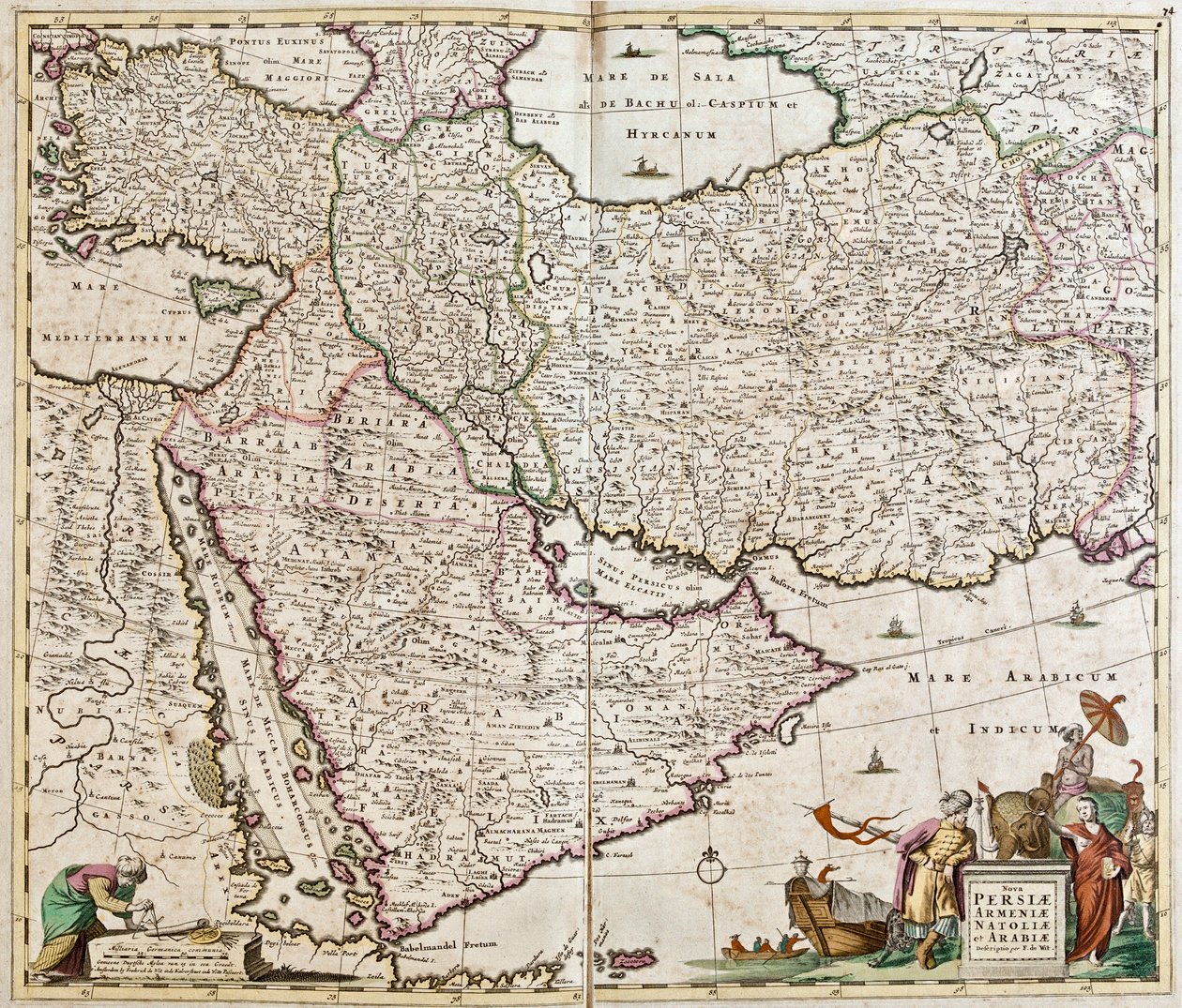 Karta över Persien (Iran), Armenien, Anatolien (Turkiet)) och Arabien (Arabiska halvön: Saudiarabien, Kuwait, Förenade Arabemiraten, Oman, Qatar, Jemen, Bahrain) (etsning av Frederick de Wit