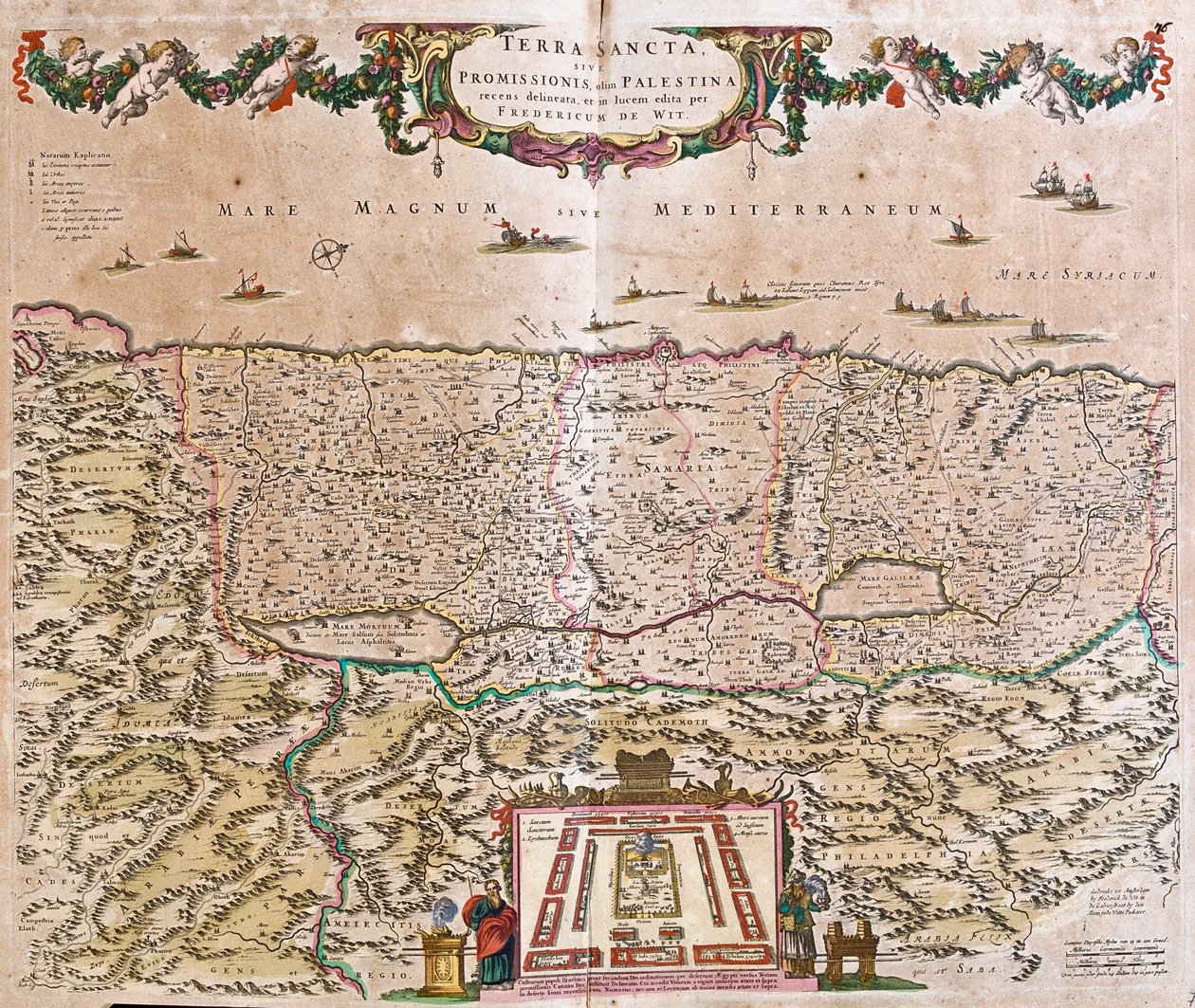 Karta över det heliga landet (Israel, Palestina) (etsning av Frederick de Wit