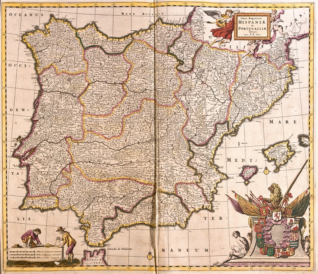 Karta över den iberiska halvön, Spanien och Portugal (etsning av Frederick de Wit