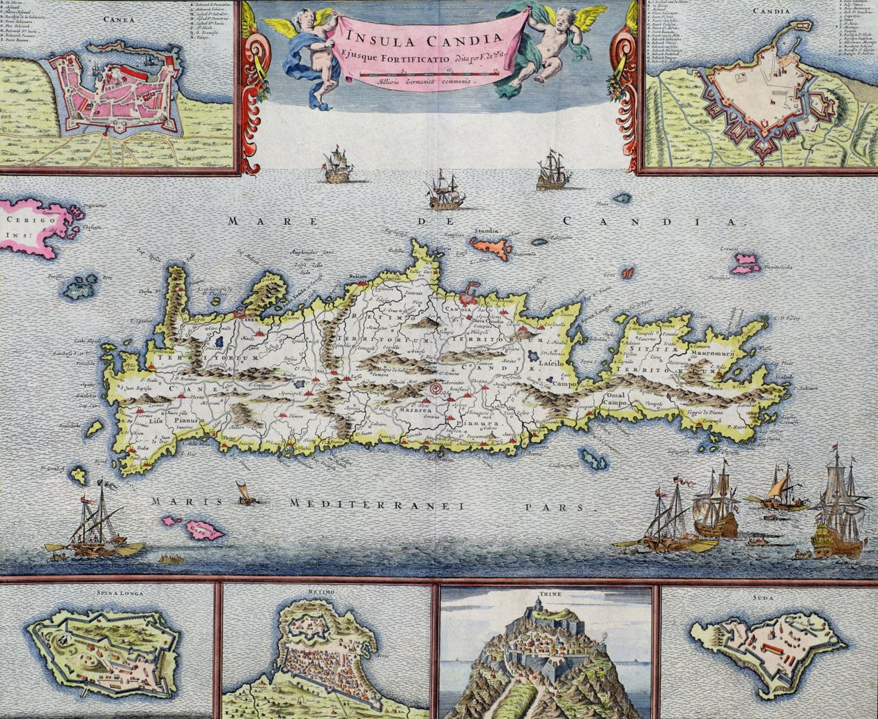 Karta över ön Candia (Kreta) med hamnen i Herakleion, ca 1680 av Frederick de Wit