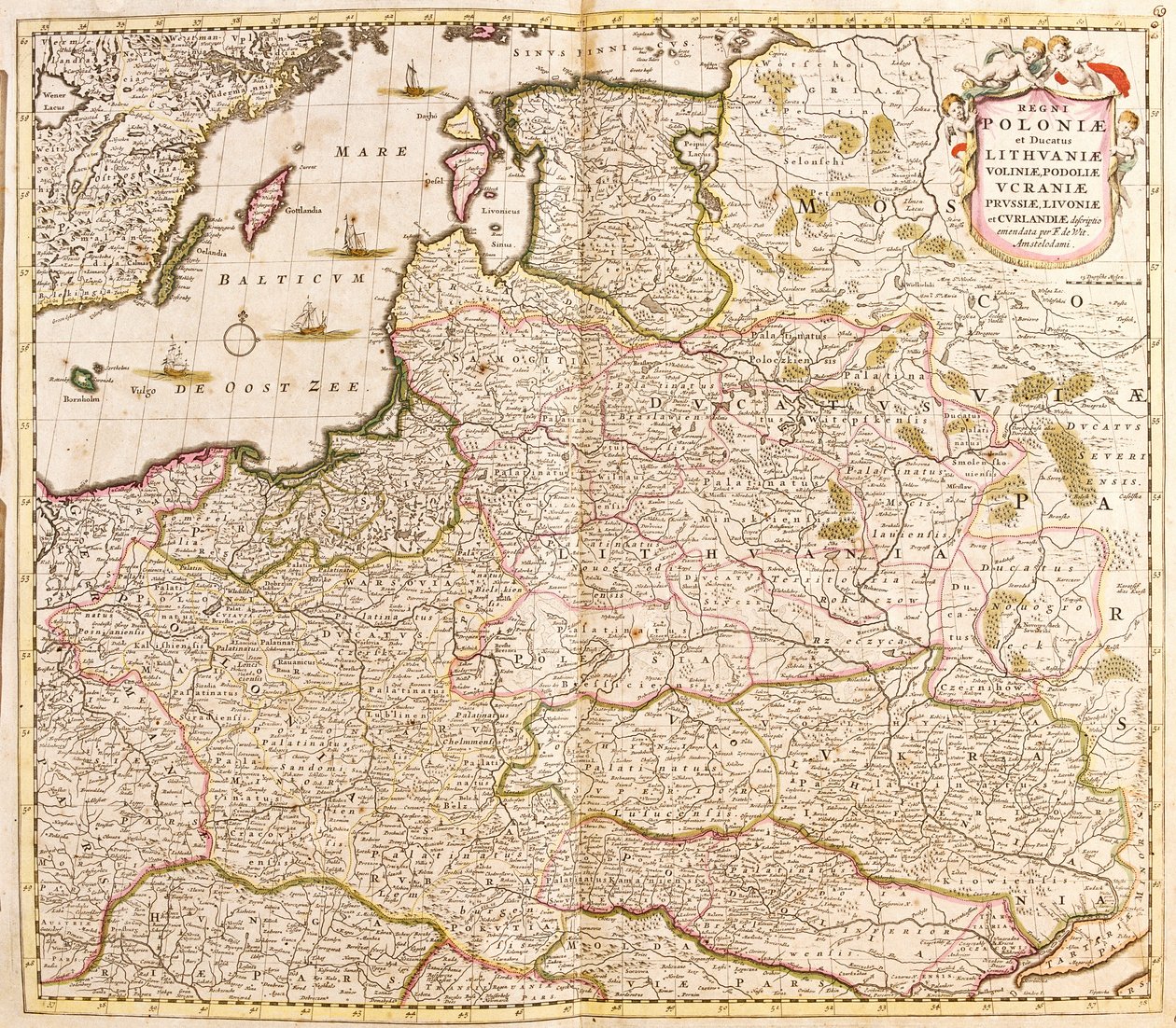 Karta över kungariket Polen, hertigarna av Litauen och Livland (Lettland) (baltiska länder) och Ukraina (etsning av Frederick de Wit