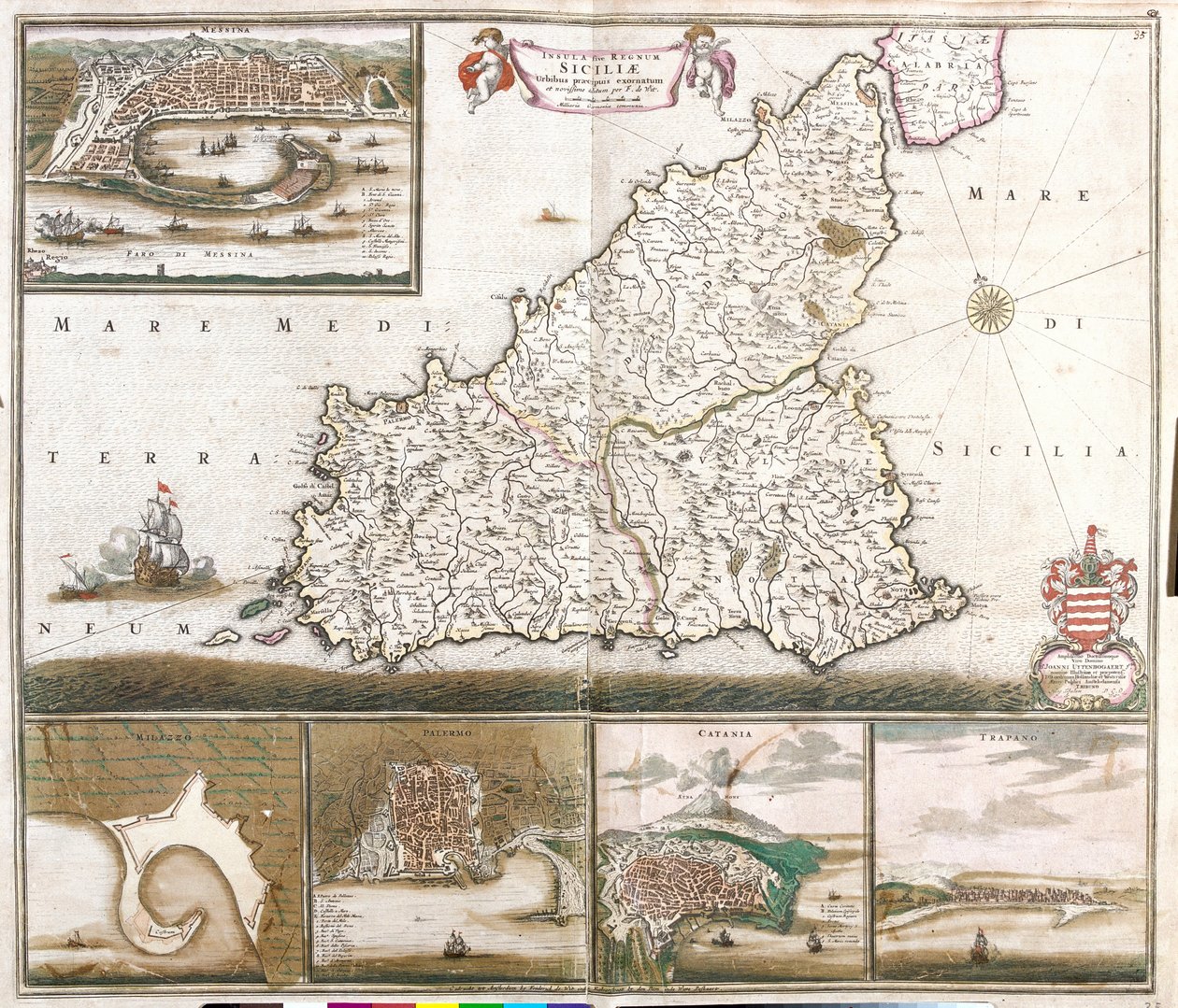 Karta över kungariket Sicilien (Italien), med utsikt över städerna Messina, Milazzo, Palermo, Catania och Trapano (etsning av Frederick de Wit