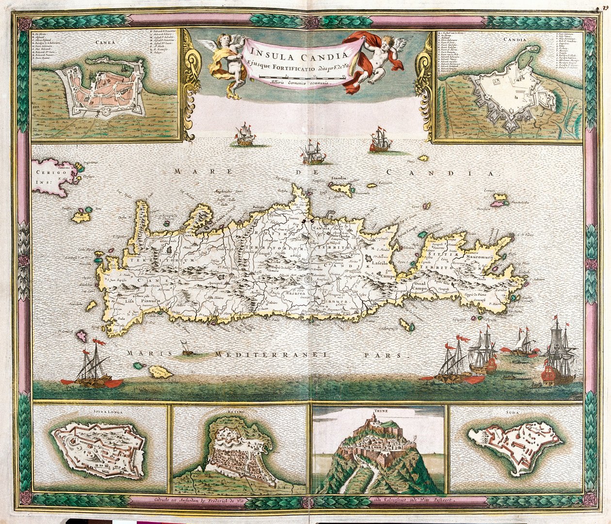 Karta över ön Kreta, med utsikt över de befästa städerna La Cane och Heraklion och fästningarna Spinalonga, Retino, Thine och Souda (etsning av Frederick de Wit