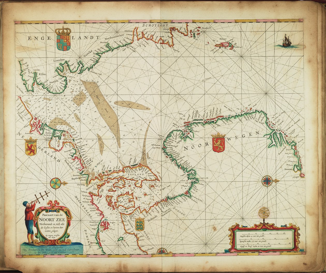 Pascaart van de Noort Zee verthoonende in zich alle de Custen en havens daer rontom gelegen. av Frederick de Wit