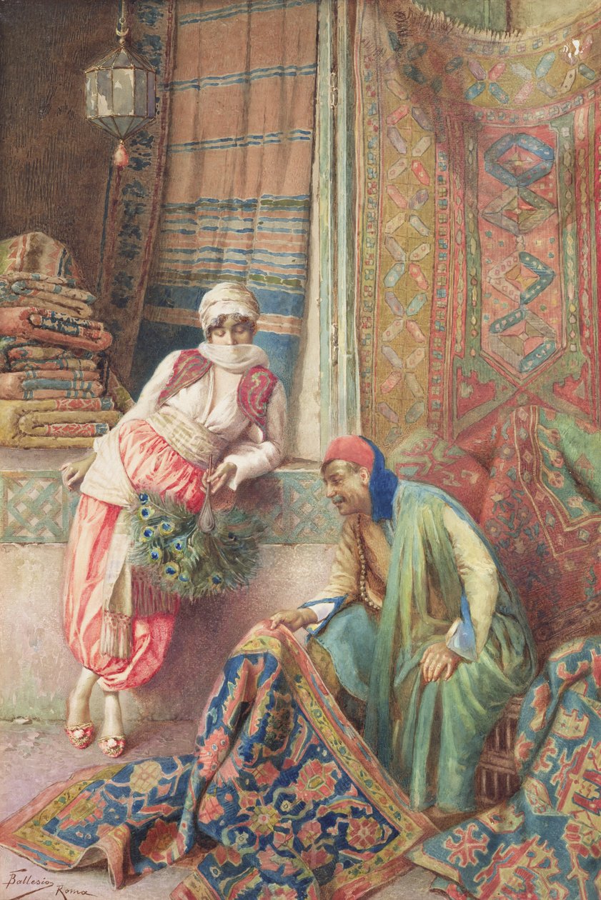 Förhandlingar med mattsäljaren, ca 1875 (wc på papper) av Frederico Ballesio