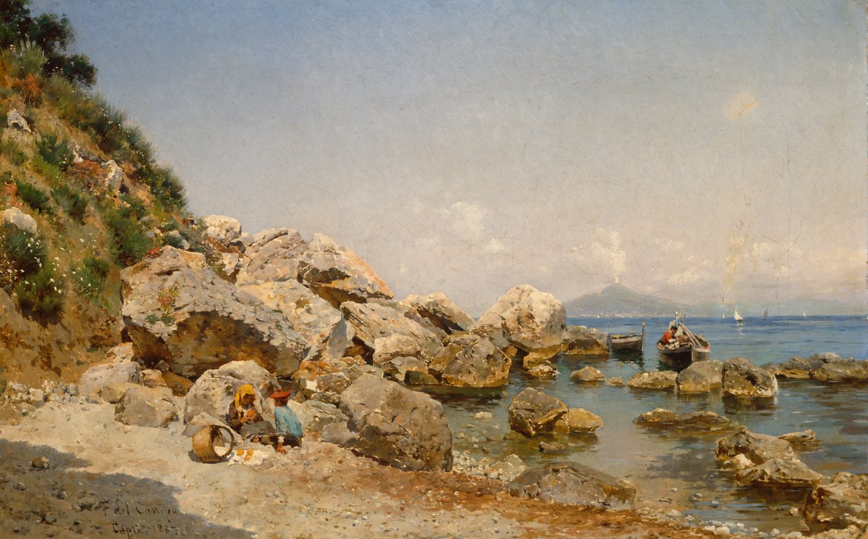 På stranden, Capri med Vesuvius i bakgrunden av Frederico del Campo