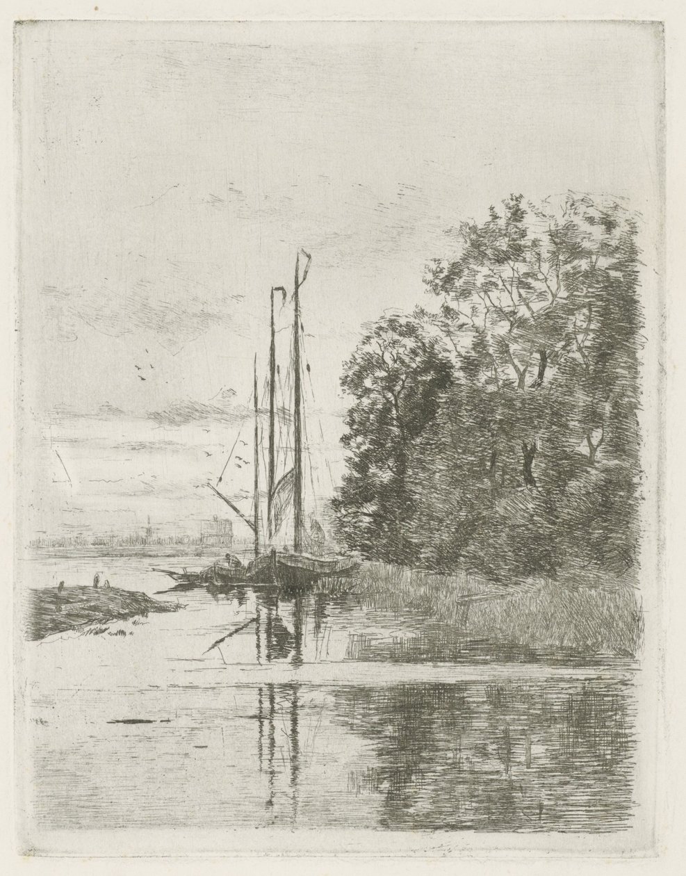 Flodutsikt med två fartyg och en pråm. av Fredericus Jacobus van Rossum du Chattel (signed by artist)
