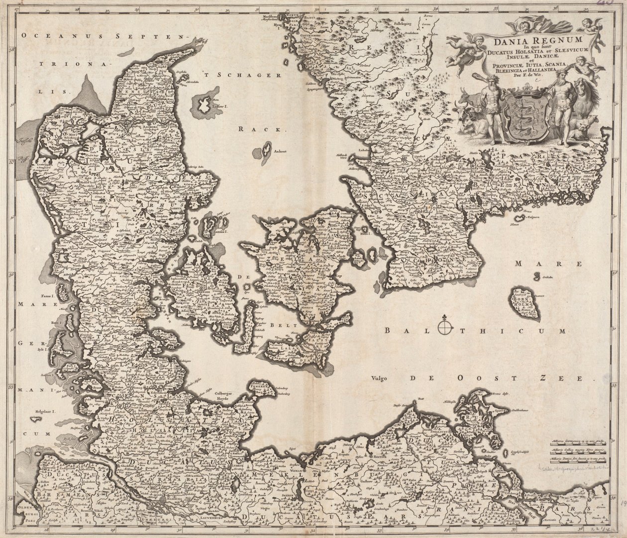 Dania regnum in quo sunt Ducatus Holsatia et Slesvicum Insulae Danicae et Provinciae Iutia, Scania, Blekingia et Hallandia av Frederick de Wit