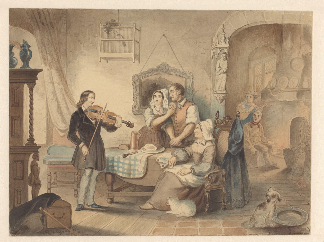 Charles Auguste de Bériot spelar fiol för ett sällskap av Frederik Carel de Graaff (signed by artist)