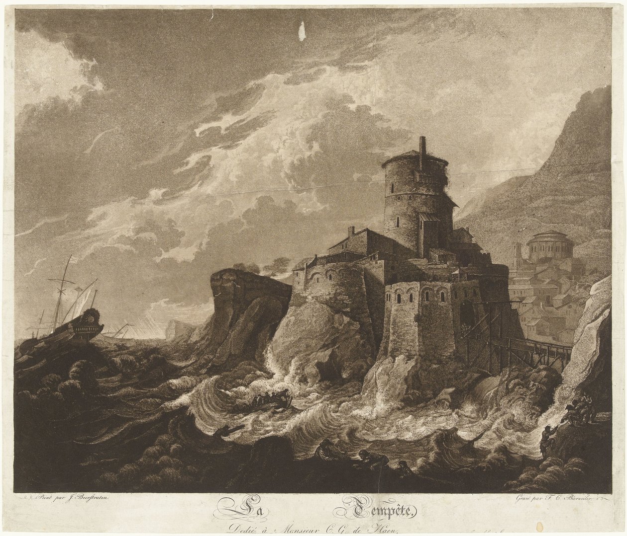 Slott på den klippiga kusten och fartyg i storm till havs La Tempête (titel på objekt) av Frederik Christiaan Bierweiler