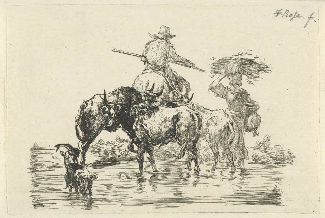 Herde och herdinna vadar genom en bäck av Frederik Cornelis Rose