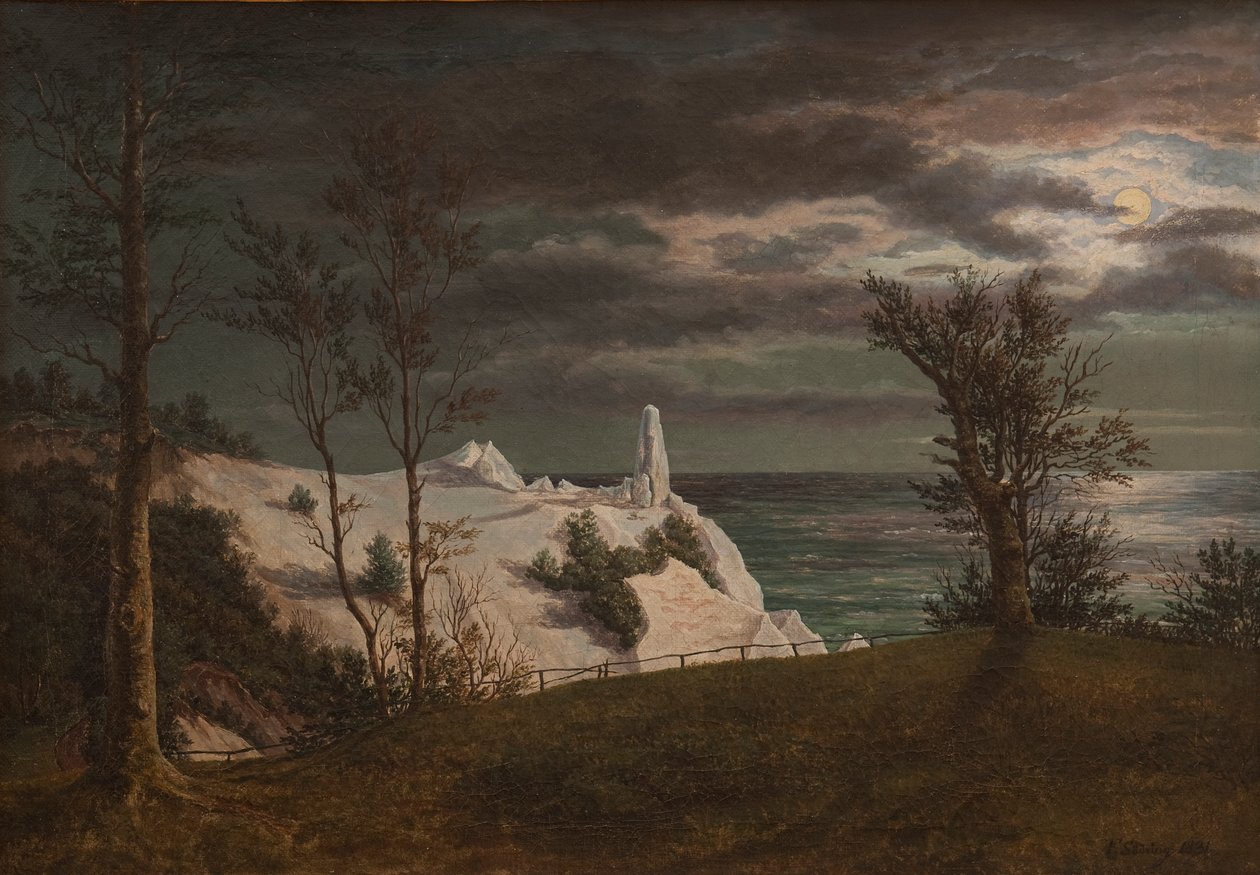 Sommarspiran på klipporna på ön Møn. Månsken, 1831 av Frederik Hansen Sodring