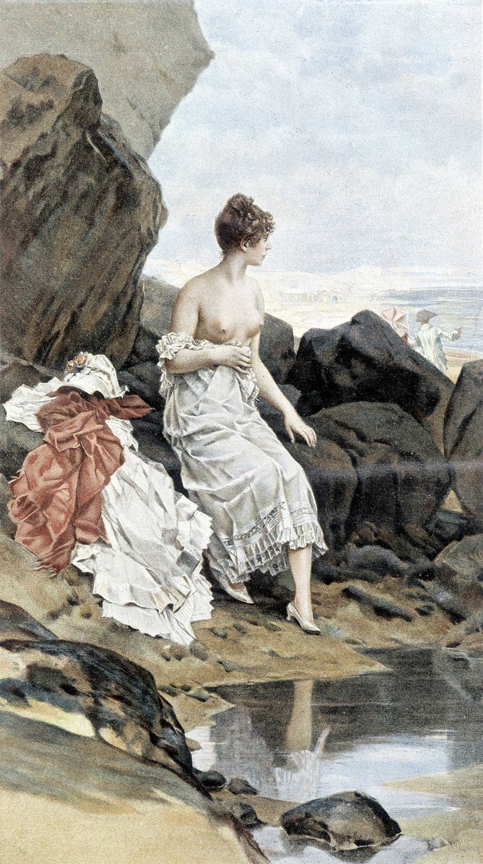 Kvinna vid havet som badar i gömmer sig - allegori om sommaren, kalender illustrerad av Hubert Dys, målad av F.H. Kaemmerer av Frederik Hendrik Kaemmerer