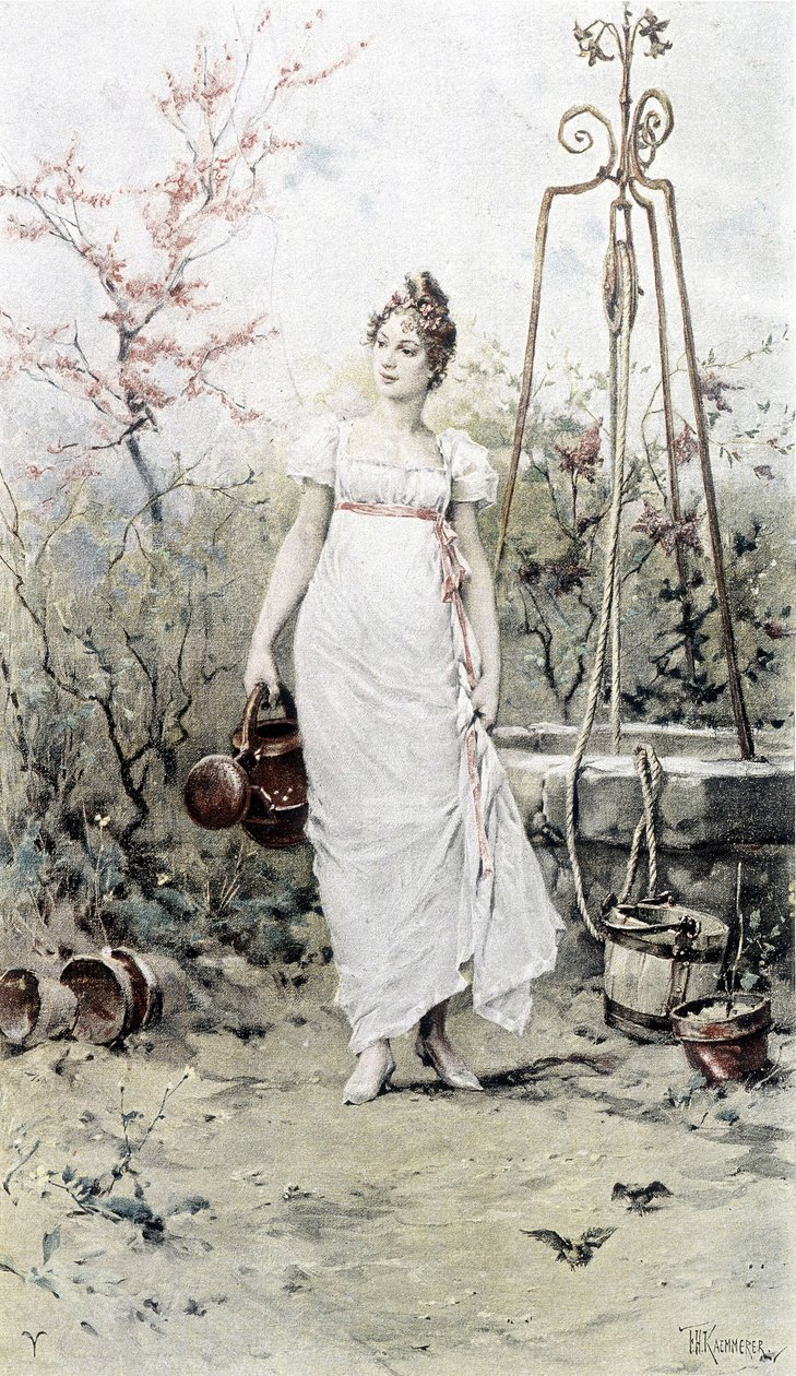 Kvinna som återvänder från en brunn - allegori om våren, kalender illustrerad av Hubert Dys, målad av F.H. Kaemmerer av Frederik Hendrik Kaemmerer