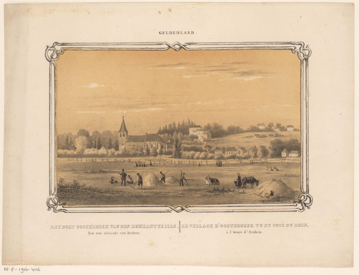 Vy över Oosterbeek med figurer som gör hö Byn Oosterbeek kan ses från den Rijnkant. En timme bort från Arnhem. (titel på objekt) Gelderland (serietitel på objekt) av Frederik Lodewijk Huygens