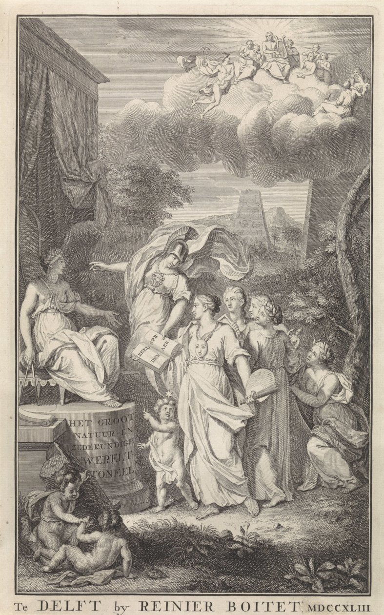 Minerva and the Arts för en tronande figur Titelsida för: The Groot Natuur- en Zedekundigh Wereldtoneel, Delft, R. Boitet, 1743 av Frederik Ottens