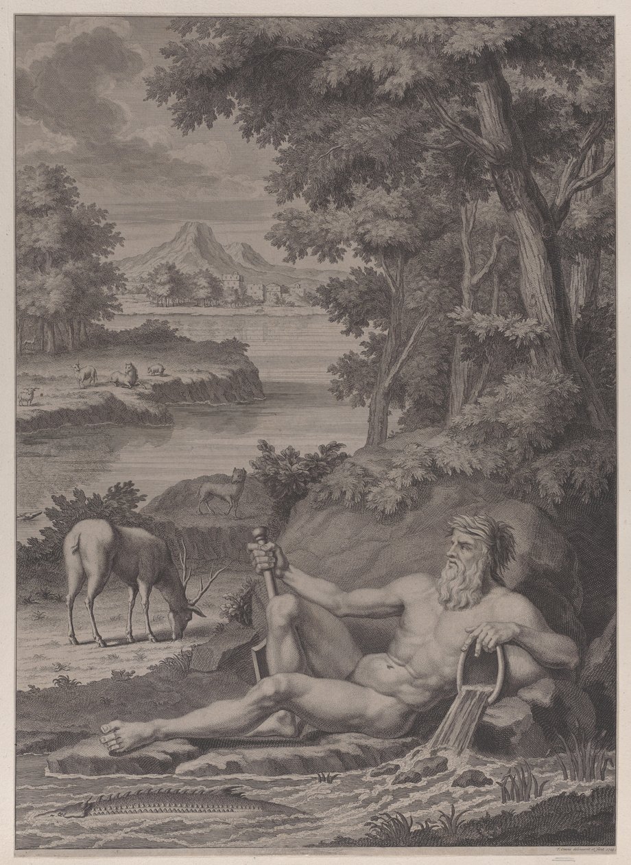 Flodgud i ett landskap, 1725. av Frederik Ottens