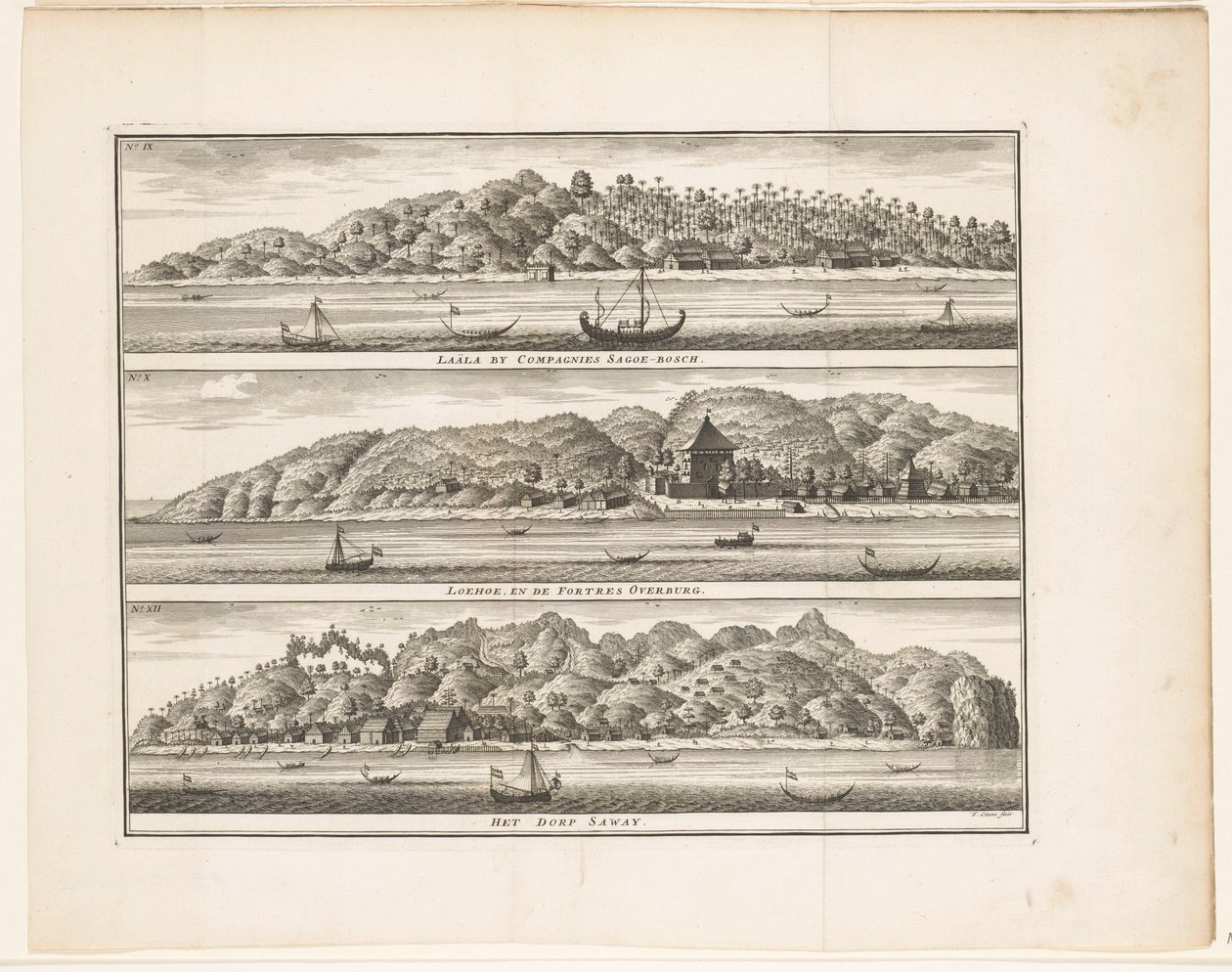 Flera VOC-förstärkningar på Ceram Laäla av Compagnies Sagoe-bosch / Loehoe, and the Fortres Overburg / Byn Saway (titel på objekt) av Frederik Ottens