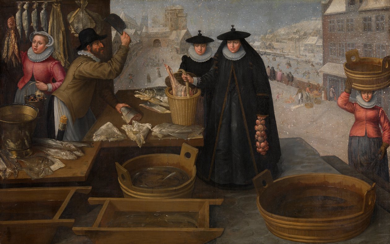 Fiskmarknad (olja på duk) av Frederik Valckenborch